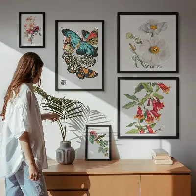 Zestaw 5 obrazów w ramie z motywem kwiatów, motyli i ptaków w stylu vintage