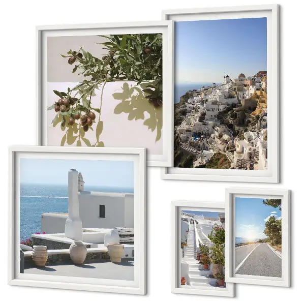 Zestaw obrazów dekoracyjnych z malowniczymi widokami Santorini