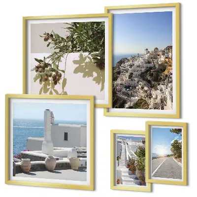 Zestaw obrazów dekoracyjnych z malowniczymi widokami Santorini
