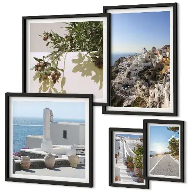 Zestaw obrazów dekoracyjnych z malowniczymi widokami Santorini