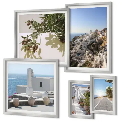 Zestaw obrazów dekoracyjnych z malowniczymi widokami Santorini