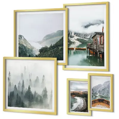 Zestaw obrazów dekoracja ścienna górskie pejzaże z domkami i wodą