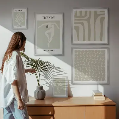 Zestaw 5 obrazów w ramie stylowe grafiki z motywem abstrakcyjnej zieleni