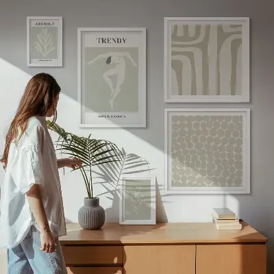 Zestaw 5 obrazów w ramie stylowe grafiki z motywem abstrakcyjnej zieleni