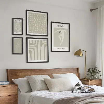 Zestaw 5 obrazów w ramie stylowe grafiki z motywem abstrakcyjnej zieleni