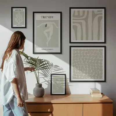Zestaw 5 obrazów w ramie stylowe grafiki z motywem abstrakcyjnej zieleni
