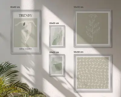 Zestaw obrazów w ramie do galerii ściennej ze stylowymi grafikami w zielonym motywie