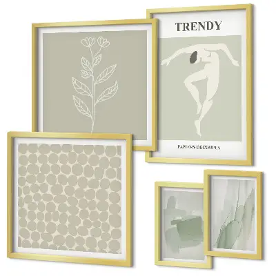 Zestaw obrazów w ramie do galerii ściennej ze stylowymi grafikami w zielonym motywie