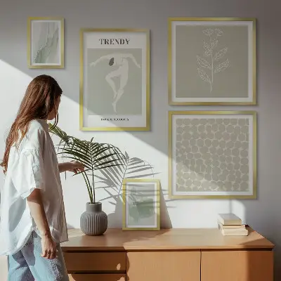 Zestaw obrazów w ramie do galerii ściennej ze stylowymi grafikami w zielonym motywie