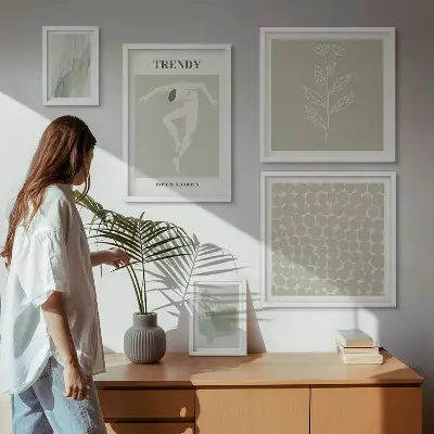Zestaw obrazów w ramie do galerii ściennej ze stylowymi grafikami w zielonym motywie