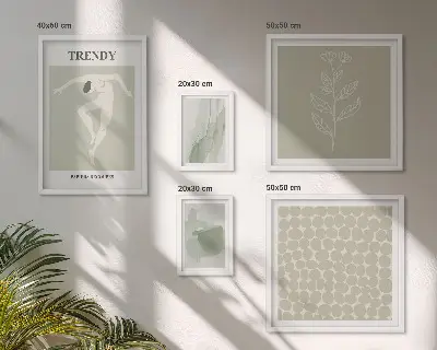 Zestaw obrazów w ramie do galerii ściennej ze stylowymi grafikami w zielonym motywie
