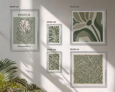 Zestaw 5 obrazów w ramie z motywem abstrakcyjnych roślinnych form w stylu boho