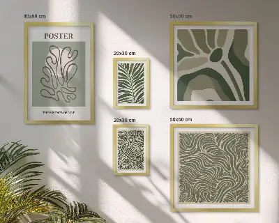 Zestaw 5 obrazów w ramie z motywem abstrakcyjnych roślinnych form w stylu boho