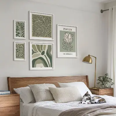 Zestaw 5 obrazów w ramie z motywem abstrakcyjnych roślinnych form w stylu boho