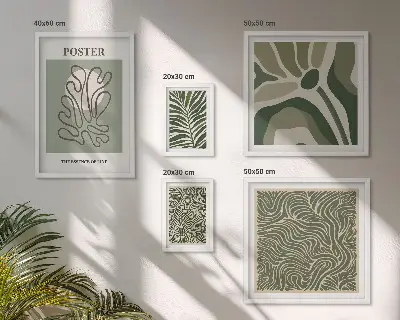 Zestaw 5 obrazów w ramie z motywem abstrakcyjnych roślinnych form w stylu boho