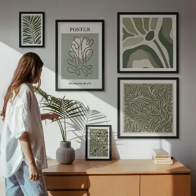 Zestaw 5 obrazów w ramie z motywem abstrakcyjnych roślinnych form w stylu boho