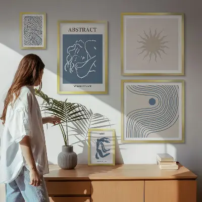 Zestaw obrazów w ramie do galerii ściennej ze stylowymi abstrakcjami geometrycznymi