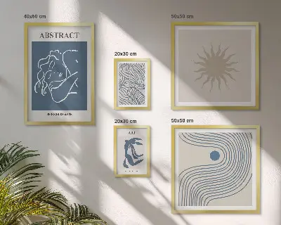 Zestaw obrazów w ramie do galerii ściennej ze stylowymi abstrakcjami geometrycznymi