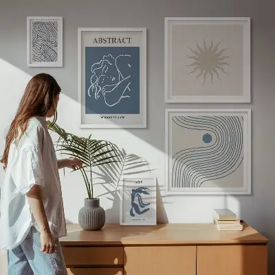 Zestaw obrazów w ramie do galerii ściennej ze stylowymi abstrakcjami geometrycznymi