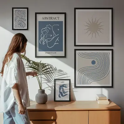 Zestaw obrazów w ramie do galerii ściennej ze stylowymi abstrakcjami geometrycznymi