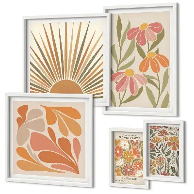 Zestaw obrazów w ramie do galerii ściennej Styl boho kwiaty geometryczne