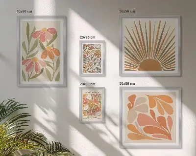 Zestaw obrazów w ramie do galerii ściennej w stylu boho z motywem kwiatów i figur geometrycznych