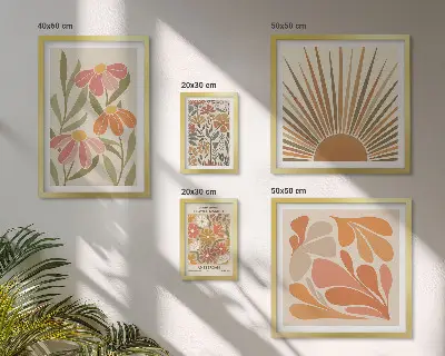Zestaw obrazów w ramie do galerii ściennej w stylu boho z motywem kwiatów i figur geometrycznych