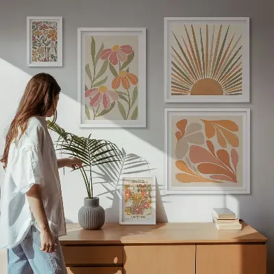 Zestaw obrazów w ramie do galerii ściennej w stylu boho z motywem kwiatów i figur geometrycznych