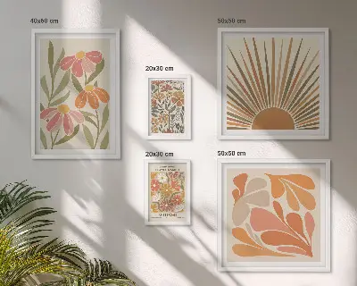 Zestaw obrazów w ramie do galerii ściennej w stylu boho z motywem kwiatów i figur geometrycznych