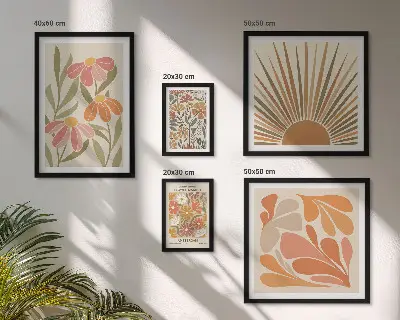 Zestaw obrazów w ramie do galerii ściennej w stylu boho z motywem kwiatów i figur geometrycznych