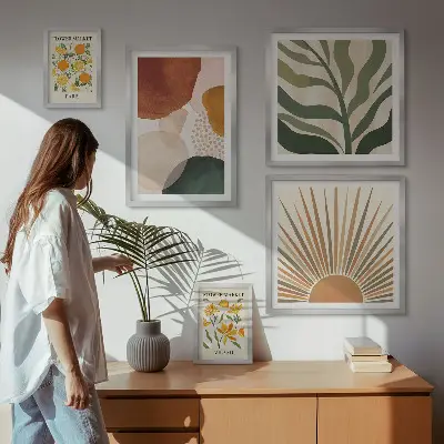 Zestaw obrazów w ramie do galerii ściennej stylowe grafiki z motywem roślinnym i geometrycznym