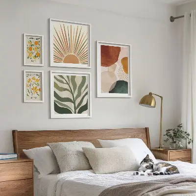 Zestaw obrazów w ramie do galerii ściennej stylowe grafiki z motywem roślinnym i geometrycznym