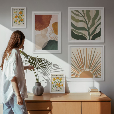 Zestaw obrazów w ramie do galerii ściennej Stylowe grafiki roślinne geometria