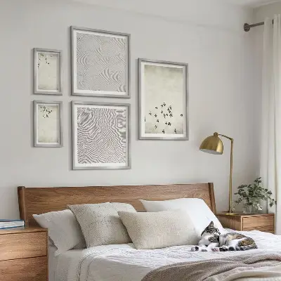 Minimalistyczny malunek ptaków zestaw 5 obrazów w ramie