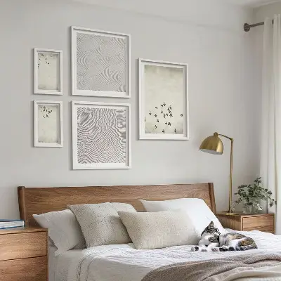 Minimalistyczny malunek ptaków zestaw 5 obrazów w ramie