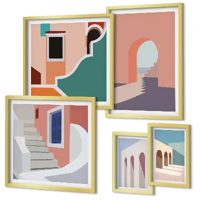 Zestaw obrazów dekoracja ścienna pastelowe grafiki architektury