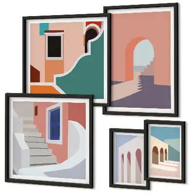 Zestaw obrazów dekoracja ścienna pastelowe grafiki architektury