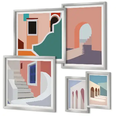 Zestaw obrazów dekoracja ścienna pastelowe grafiki architektury
