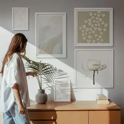 Zestaw obrazów w ramie do galerii ściennej z motywem modnych tekstur w stylu boho z kwiatami
