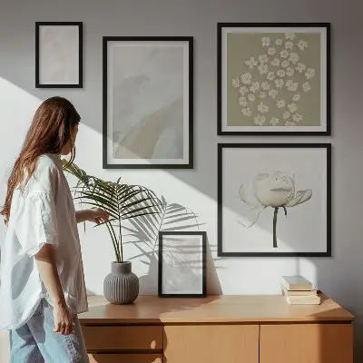 Zestaw obrazów w ramie do galerii ściennej z motywem modnych tekstur w stylu boho z kwiatami