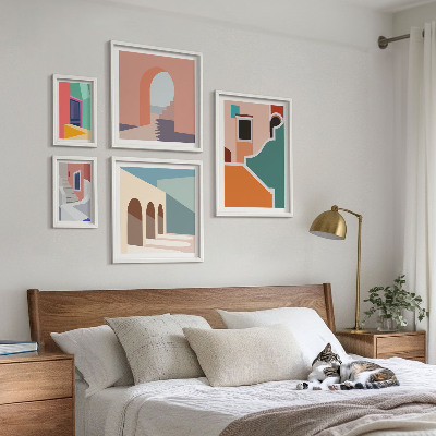 Zestaw 5 obrazów w ramie Kolorowe ilustracje budynków