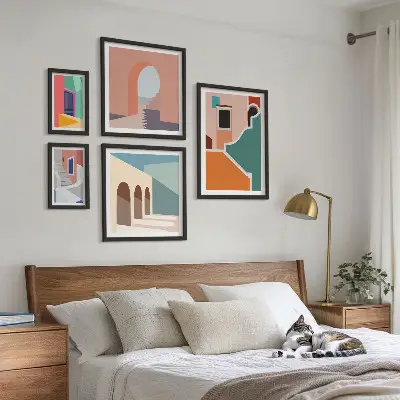 Zestaw 5 obrazów w ramie kolorowe ilustracje z motywem budynków