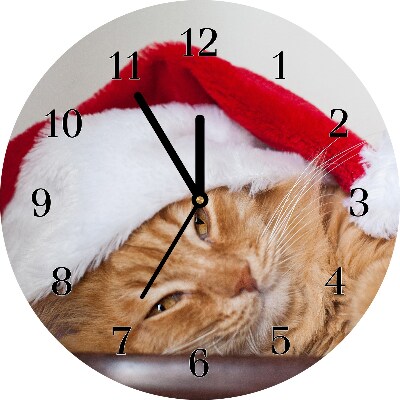 Zegar ścienny Okrągły Kot Czapka Mikołaja Święta