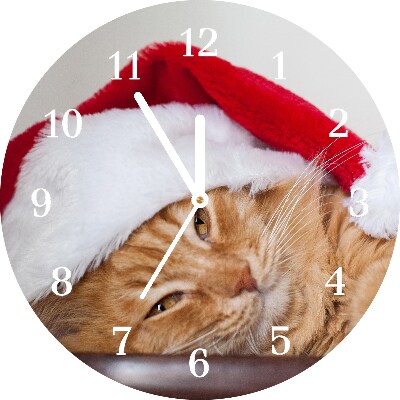 Zegar ścienny Okrągły Kot Czapka Mikołaja Święta